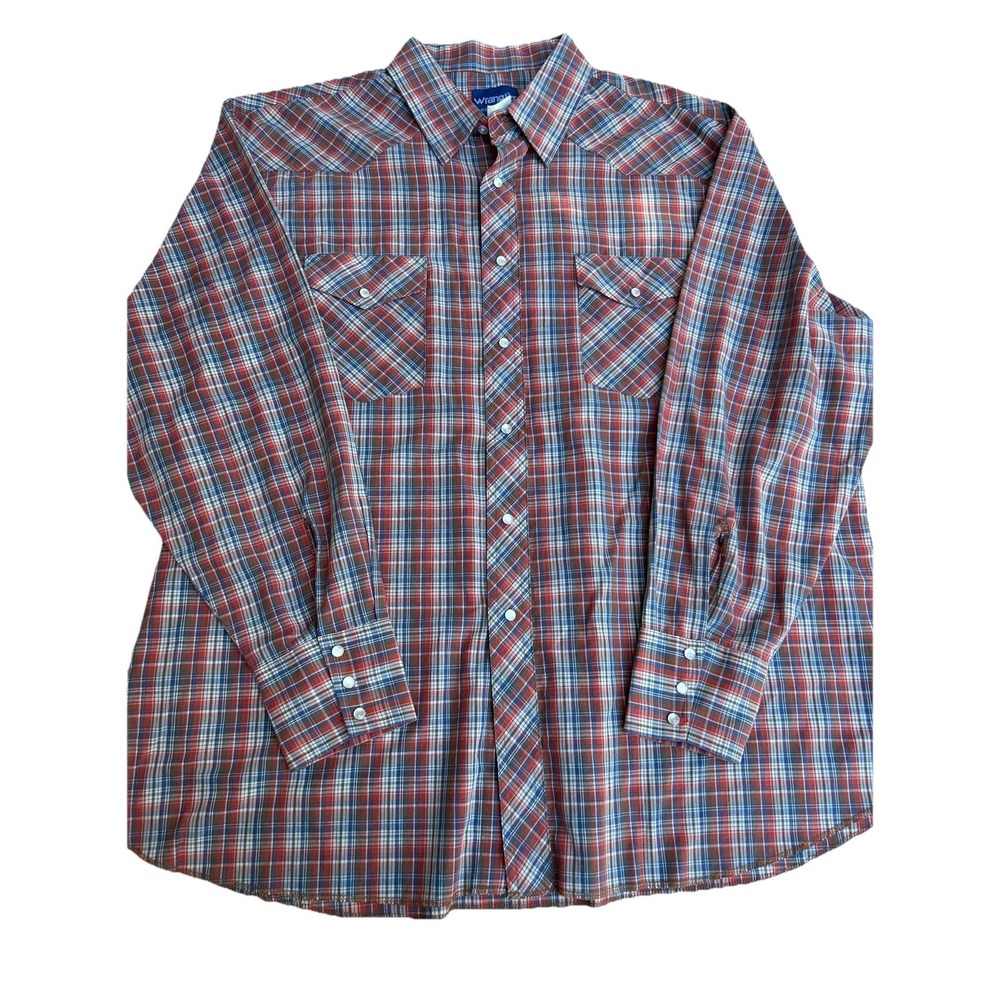 Wrangler Western Pearl Snap Shirt Mens 3XL Plaid Cowboy‎ 2-Pocket Red Blue